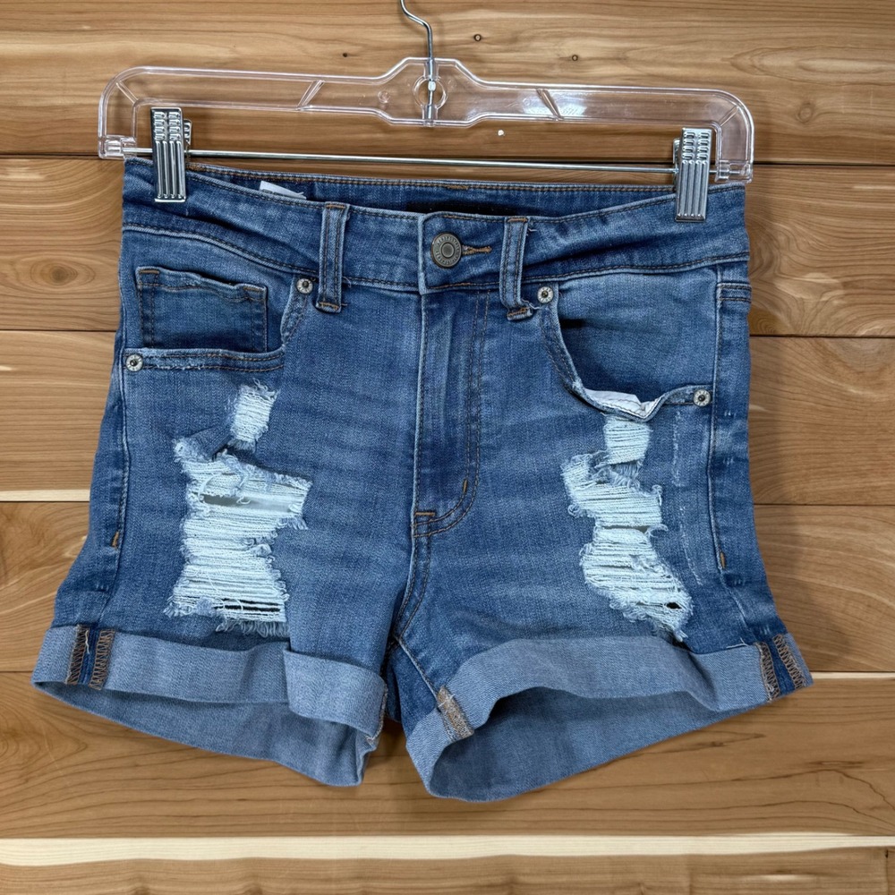 AERO High Rise Midi Distressed Denim‎ Jean Shorts Cuffed Blue Womens Size 4
